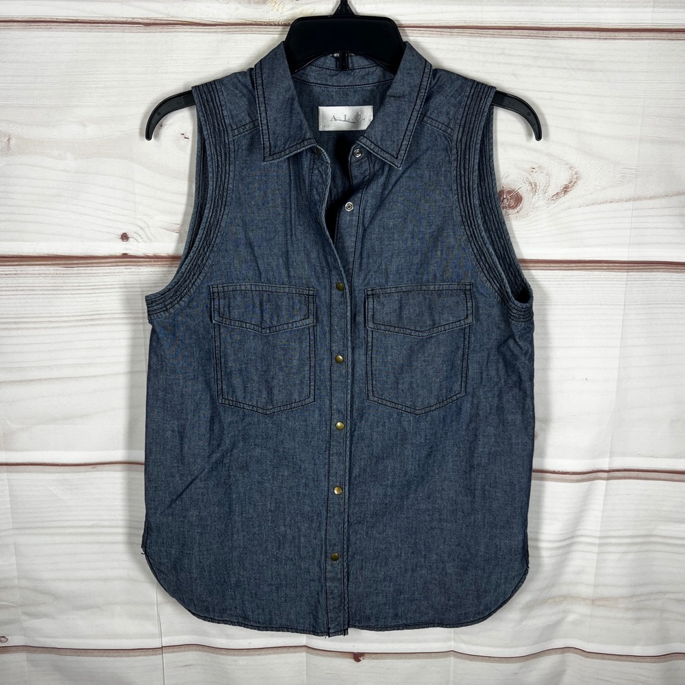 A.L.C. Sleeveless‎ Snap Front Shirt Women S Blue Solid Denim Top Cotton Western